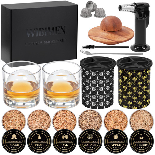 Smoker Kit with 2 Clear Ice Maker - Old Fashioned Cocktail, Bourbon Smoker Kit with Torch, 2 Glasses