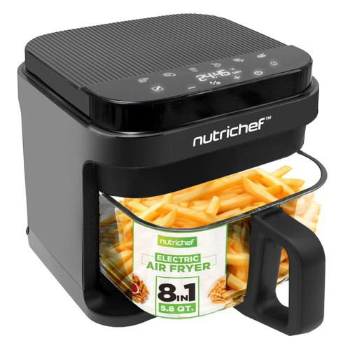 Nutrichef 5.8 Quart Air Fryer | 8-1 Preset Cook Modes | Transparent Fry Bowl for Best Cooking Results