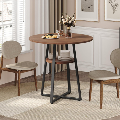 31.5" Round Dining Table for 2-4, Farmhouse Kitchen Table with Storage Shelf, Small Circle Dining Table Space Saving