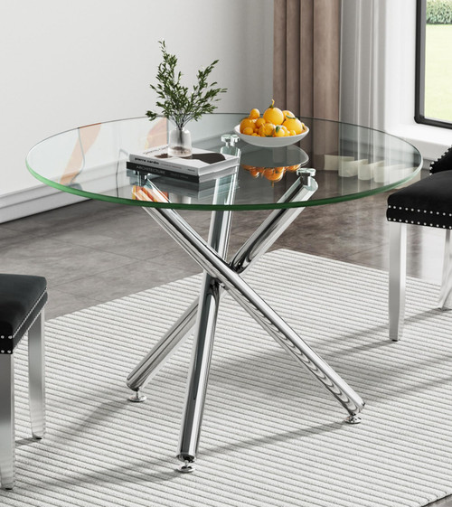 Pvillez Modern Round Dining Table for 2 4 People, 36 in Glass Kitchen Dining Room Table with Silver Metal X-Shaped Legs