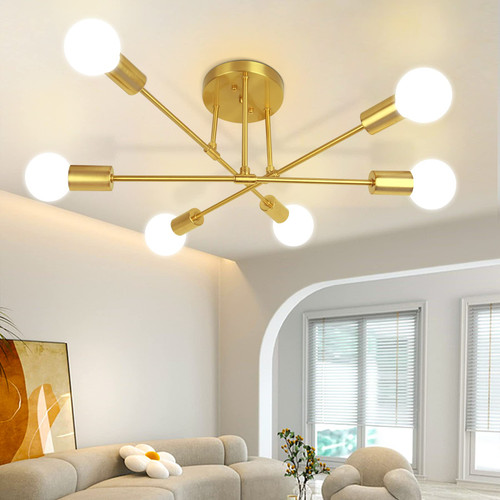 CANMEIJIA Modern Sputnik Chandelier, Ceiling Light Fixture Flush Mount 6-Lights Gold Chandeliers for Living Room