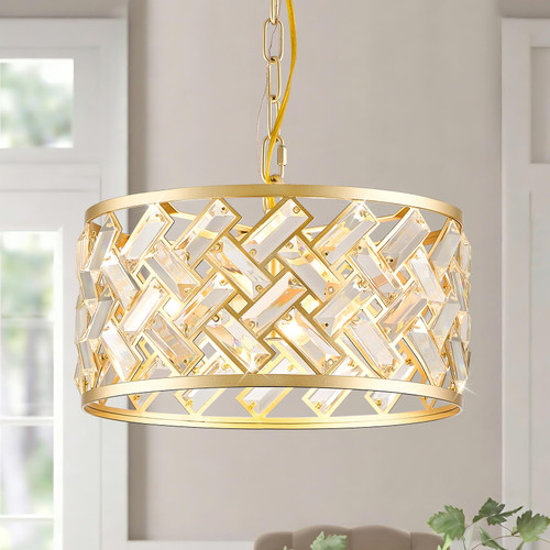 Gold Crystal Chandelier, 3-Light Morden Dining Room Light Fixture,12.4" Small Semi Flush Mount Chandeliers