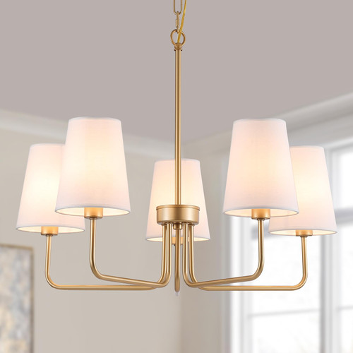 AMZASA Farmhouse Chandelier, 5-Lights Visual Comfort Gold Light, Muted Gold with White Fabric Shade