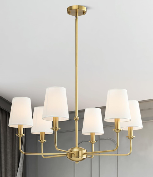 6-Light Brushed Gold Pendant Chandelier with Fabric Shades, E12 Base