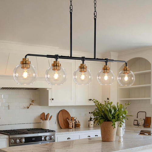 Dining Room Chandelier 5 Light Linear Pendant Lights Kitchen Island with Clear Glass Shade Dining Table Fixture