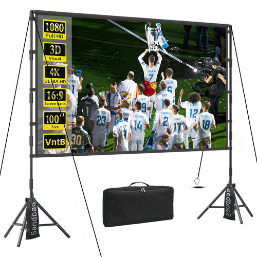 VntB 100 inch Projector sreen and Stand, Outdoor Indoor Projector Screen16:9 Foldable Portable Projector Screens for Movie Night Support Double Sided Projection