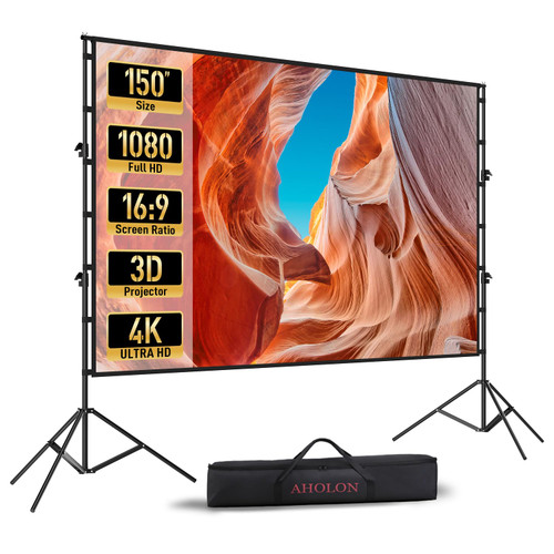 AHOLON Projector Screen with Stand - 150 Inch Projector Screen Outdoor Indoor Projector Screens 16:9 4K HD Outdoor Movie Screen with Carry Bag,Enioy Home Theater Projection Screen