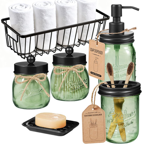 Green Bathroom Accessories Set, 6Pcs Mason Jar Glass Bathroom Set,