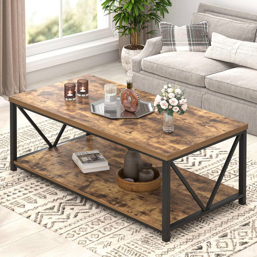 Rustic Wood and Metal Living Room Table with Storage Shelf, Industrial Rectangle Center Table, 47 Inch Brown