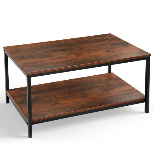 SUPER DEAL 2-Tier Industrial Coffee Table with Storage Shelf for Small Apartment Living Room