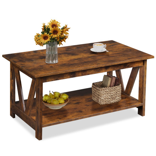 39.4" Farmhouse Coffee Table with V-Frame Support, 2-Tier Wood Rustic Center Table for Living Room, Bedroom & Balcony, Rustic Brown