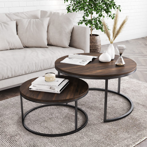 Nathan James Stella Round Modern Nesting Coffee Set of 2, Stacking Living Room Accent Tables with an Industrial Wood Finish