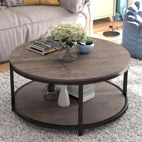 NSdirect Round Coffee Table,36" Coffee Table for Living Room,2-Tier Rustic Wood Desktop with Storage Shelf