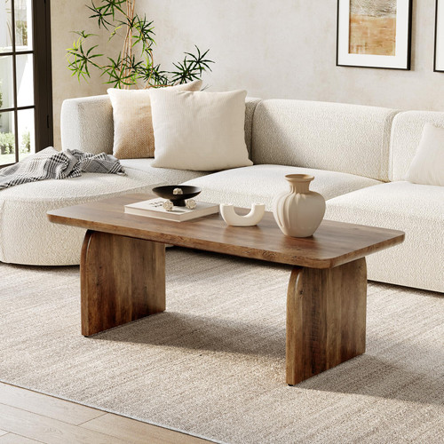 LITTLE TREE Farmhouse Coffee Table, 47 Inches Wooden Center Tables with Rounded Corners, Rectangular Living Room Tables