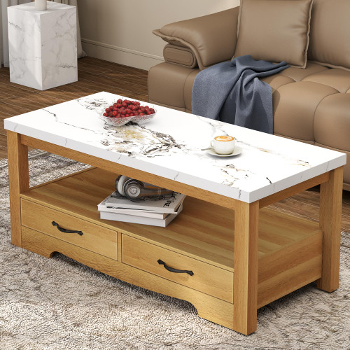 Coffee Table 40" Faux Marble 2-Tier Modern Wooden Rectangle Center Table with Drawers for Living Room
