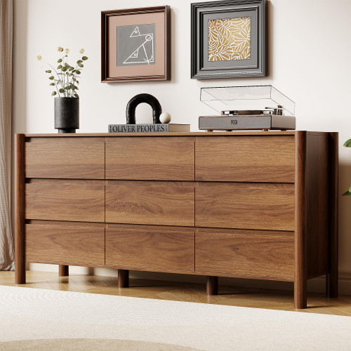 63" Wide 9-Drawer Dresser for Bedroom, Mid-Century Modern Walnut Chest with Solid Wood Legs, Large Storage Organizer