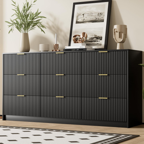 Black Dresser for Bedroom, Modern Dresser with 9 Drawers and Smooth Slides, Wide Chest of Drawers with Golden Handles for Bedroom