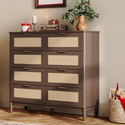 Large Storage Wood Dresser with Deep Drawers, 8 Drawer, Dark Wood