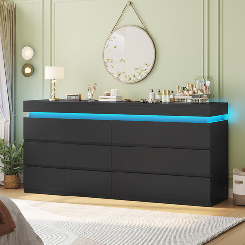 12 Drawer Dresser with LED Light, Black Modern Chest of Drawers for Bedroom