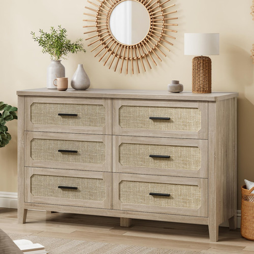 Rattan 6 Drawer Dresser for Bedroom, 48'' Wide Chest of Drawers with Metal Handles, Boho Dresser TV Stand,