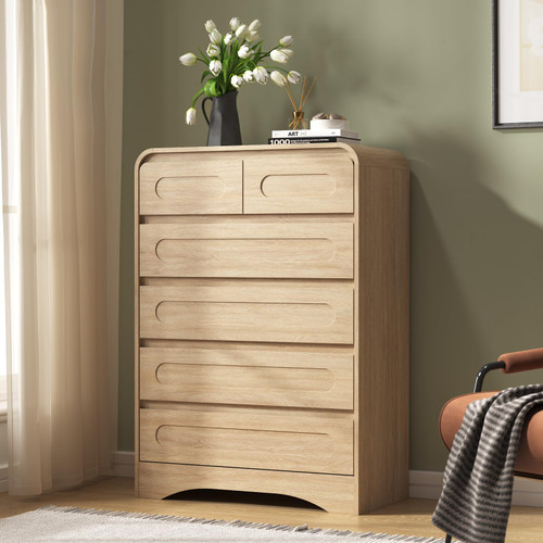 Dresser for Closet w/Pre-Installed Slides, Modern Wood Chest of Drawers with Curved Design and 6 Drawer Vertical Storage for Bedroom or Hallway