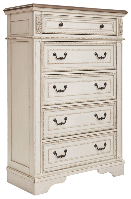French Country 5 Drawer Chest, Tipover Restraint Device, 2-tone Finish, Wood, 40.13" W x 18.13" D x 58.13" H, Chipped White