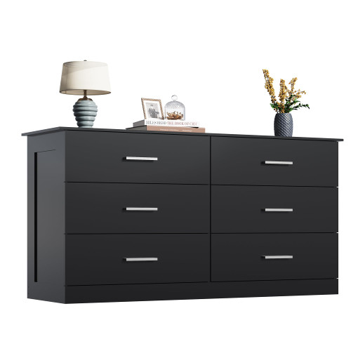 WLIVE Wood Dresser for Bedroom, Black 53'' Wide Chest of Drawers with 6 Drawer, Oak Furniture Large Storage Tower Unit