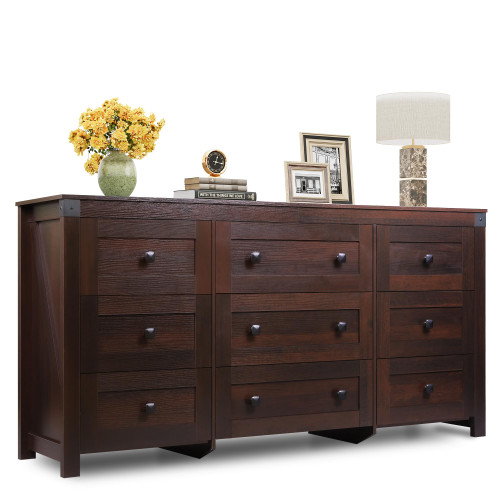 63" Wide 9 Drawer Dresser Storage Organizer, Wood Chest of Drawers for Bedroom, TV Stand for 70 inch TV for Living Room