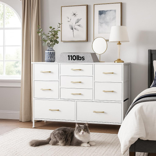 43" Tall Dresser Chest of Drawers Curved Profile Design, Wood Mid Century Vertical Dresser Natural Texture for Bedroom