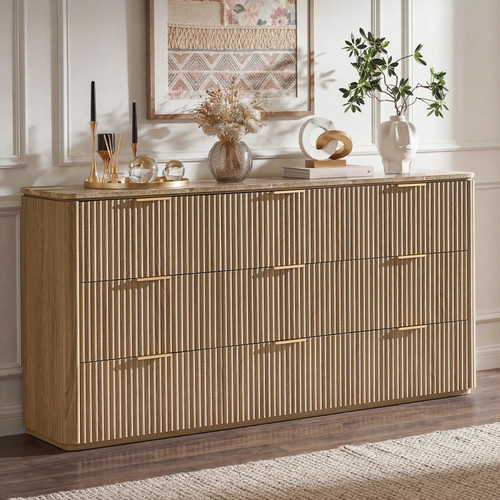 Dresser for Bedroom with 9 Drawers, 63"W Chest of Drawers, Fluted Dresser with Faux Marble Top, Curved Profile Design, Metal Handle