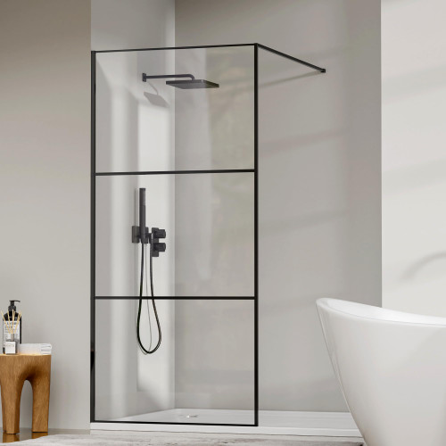 Bathroom Shower Screen, Matte Black, Adjustable Support Bars & 3 Pieces
