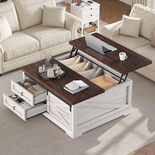 Square Coffee Table with Large Hidden Compartment & 2 Drawers & Adjustable Shelves for Living Room, 39.4'' White