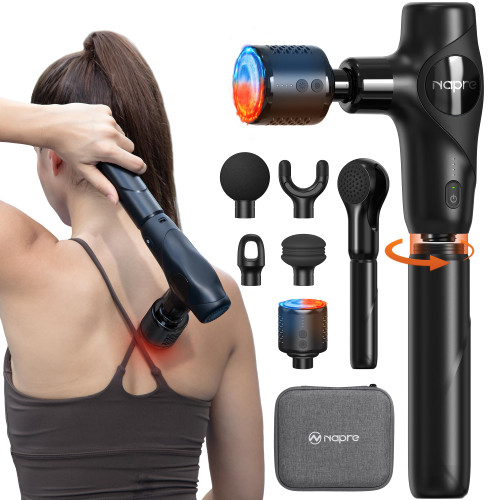NAPRE 3-in-1 Mini Massage Gun with Heat and Cold,Deep Tissue Back Massage with Detachable Handle for Neck/Body Pain Relief,Portable Handheld Percussion Muscle Massager,Small & Quiet,5 Heads,with Case