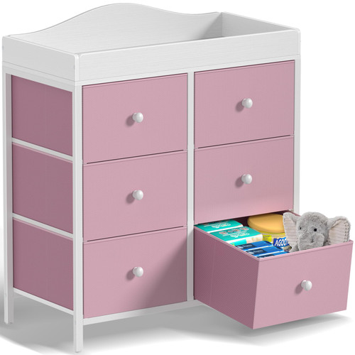 Baby 6 Fabric Drawers Dresser with Changing Table Top Diaper Changing Station with Storage for Nursery Modern Pink