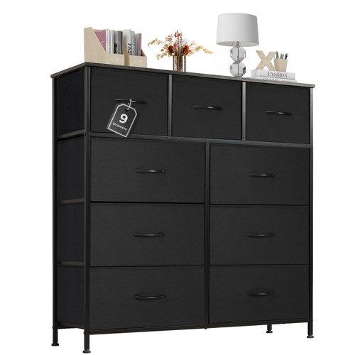 Dresser for Bedroom with 9 Drawers, Anti-Tip Tall Fabric Chests Storage Organizer Tower Furniture with Wooden Top Metal Frame for Clothes