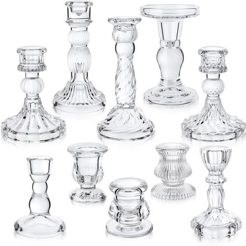 Mumufy 10 Pcs Glass Crystal Taper Candle Holders Clear Glass Candlestick Holder Fit 0.8 Inch Candles