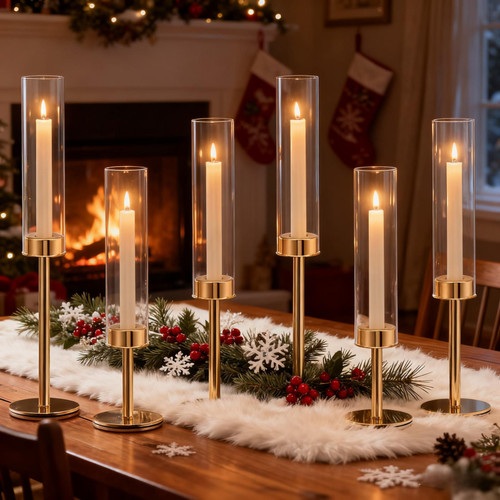 Gold Hurricane Candle Holders Set of 6, Tall Metal Windproof Glass Taper Candle Holder for Candlestick, Candle Sticks Decor