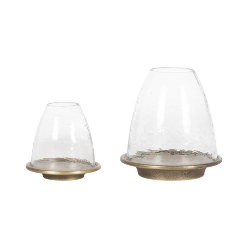 Set of 2, Antique Brass and Clear Glass, Cast Aluminum Candle Holders with Textured Glass Cloche Design for Entryway or Living Room Decor