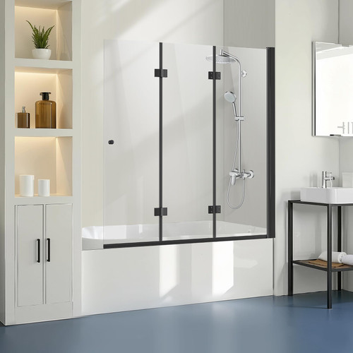 Shower Door, 51" W x 56" H, Frameless Foldable Hinged Shower Door, Tri-Fold Shower Glass Door