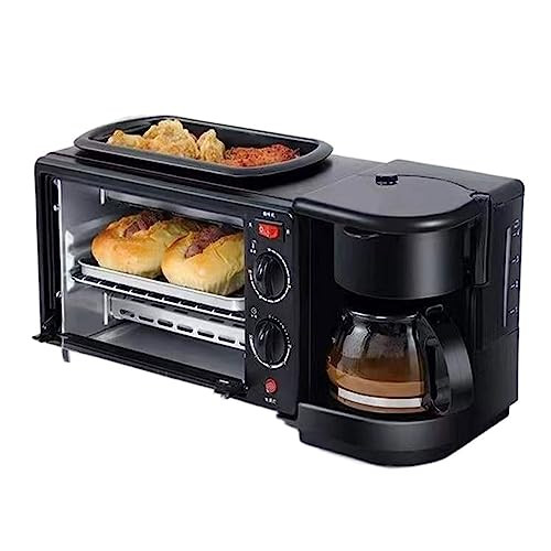 Electric Breakfast Station - 3-in-1 Non-Stick Grill/Griddle with Glass Lid, 2-Slice Toaster Oven & Coffee Maker
