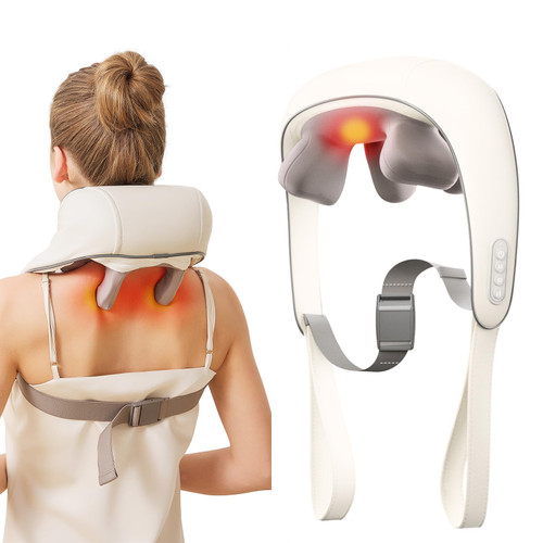PERLEVI Neck and Shoulder Massager for Pain Relief Deep Tissue-Shiatsu Deep Kneading Massager with Heat to Relieve Neck Shoulder Back Waist Leg Muscle Soreness Fatigue (Beige)