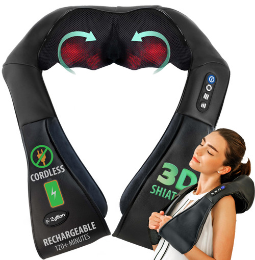 Zyllion Shiatsu Neck and Back Massager with Heat - Cordless Rechargeable 3D Electric Kneading Deep Tissue Massage for Muscle Pain Relief, Black, ZMA-28RB
