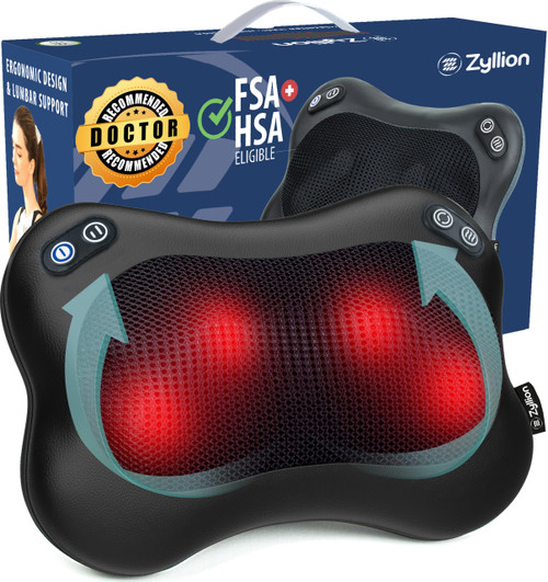Zyllion Shiatsu Back and Neck Massager with Heat - Cordless Rechargeable 3D Electric Kneading Deep Tissue Massage Pillow with 2 Speeds for Muscle Pain Relief, Black, ZMA-34RB