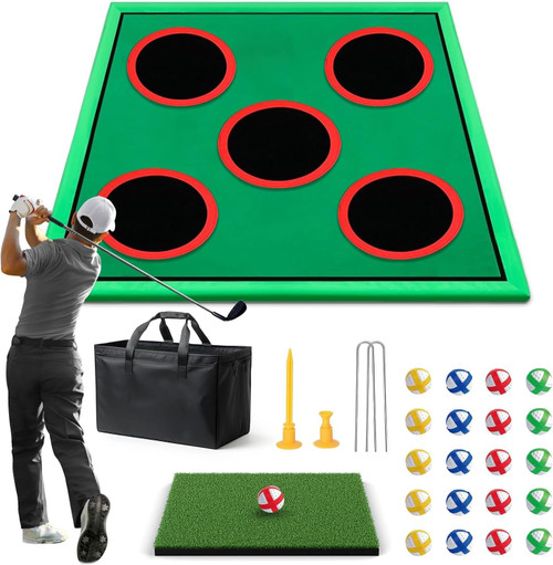 Golf Game Play Set, Golf Chipping Cornhole Game for Adults with 1 Club, 5 Hole Covers, 20 Balls, Putting Mat & Carry Bag