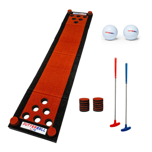 PutterBall Original Golf Putting Game Set – Backyard Putting Green Pong Style Golf Mat with 2 Putters, 2 Balls & Hole Covers - Red, 9ft