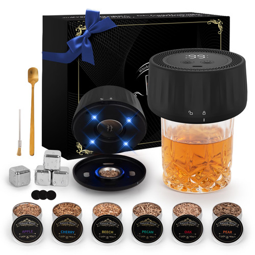 Electric Whiskey Smoker Kit with Led Lights, 4 Reusable Ice Cubes and 6 Flavors Natural Wood Chips