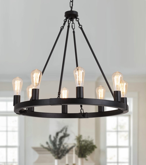 AMZASA Farmhouse 8-Lights Black Industrial Wagon Wheel Chandelier Light Fixture for Foyer Dining Room