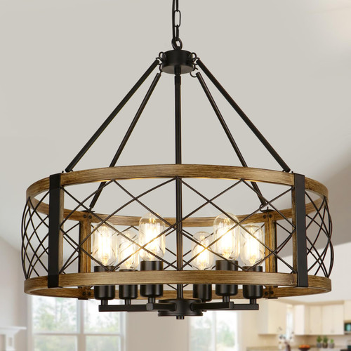 Modern Chandelier for Dining Room, 6-Light Wood Grain Finish Farmhouse Chandelier