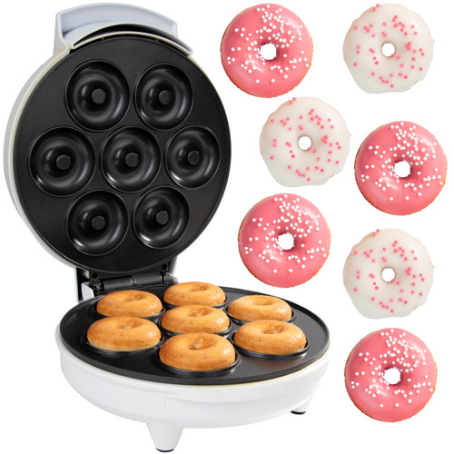 Mini Donut Maker- Electric NonStick Surface Makes 7 Small Doughnuts- Decorate Frost Ice