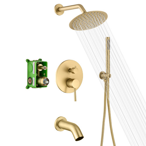 Shower System with Tub Spout and Handheld Shower, Brass Rain